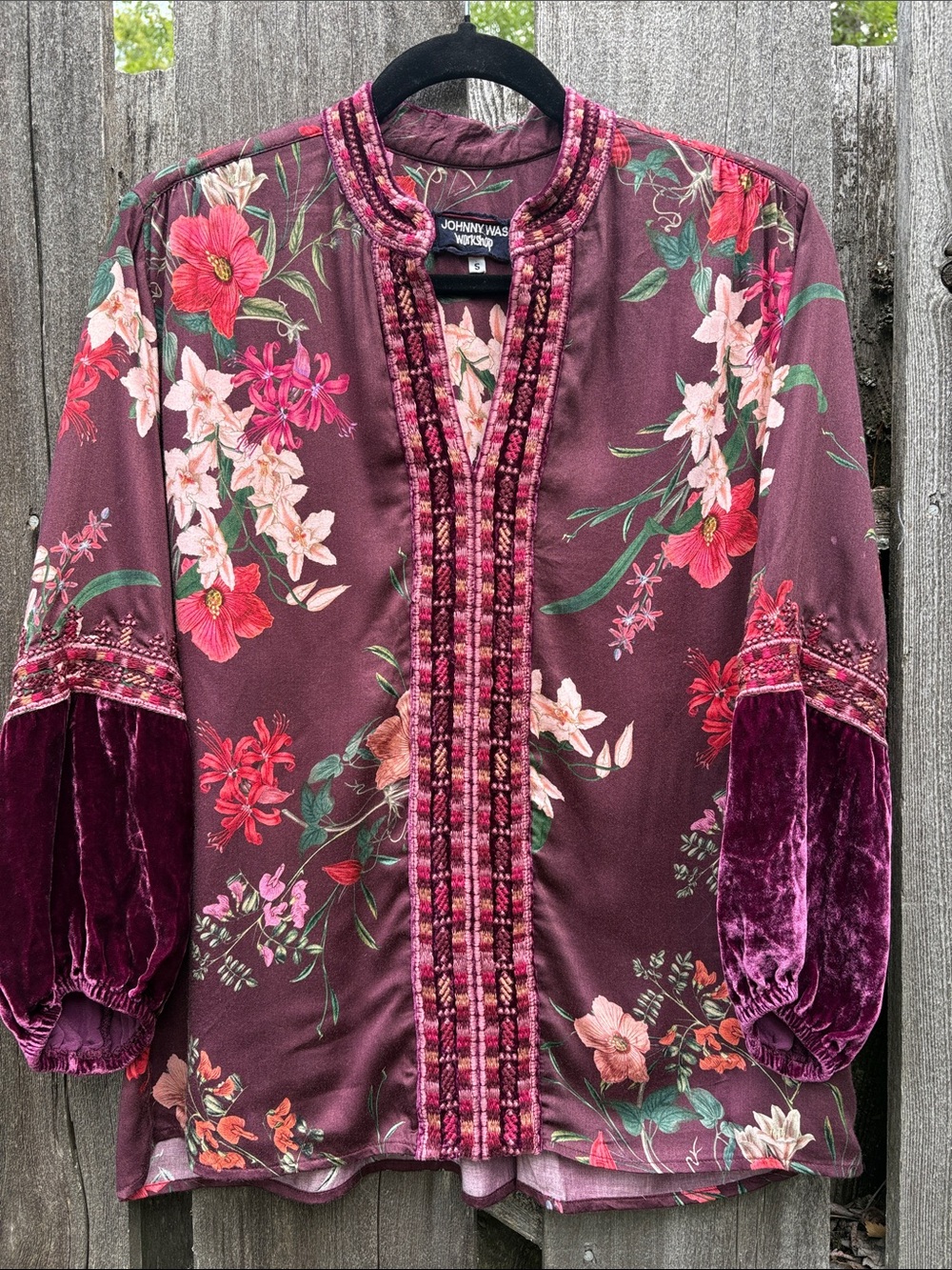 Johnny Was Workshop Plum Floral Velvet-Sleeve Embroidered Blouse